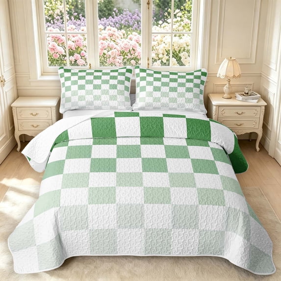 Manfei Modern Checkered Quilt King,Geometric Plaid King Coverlet Set,Green,3 Pieces,1 Bedspread and 2 Pillowcases