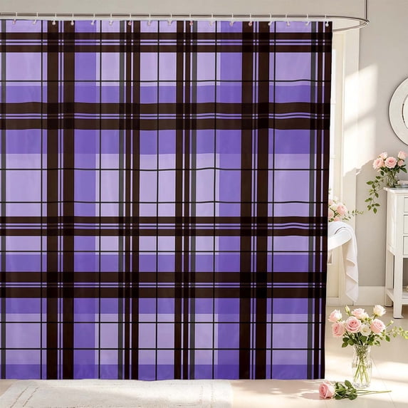 Manfei Modern Checkered Shower Curtain 72Wx78L,Geometric Check Bath Curtain,Purple Brown