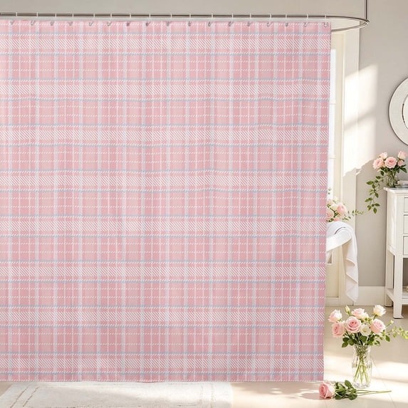 Manfei Modern Checkered Shower Curtain 72Wx78L,Geometric Plaid Bath Curtain,Light Pink
