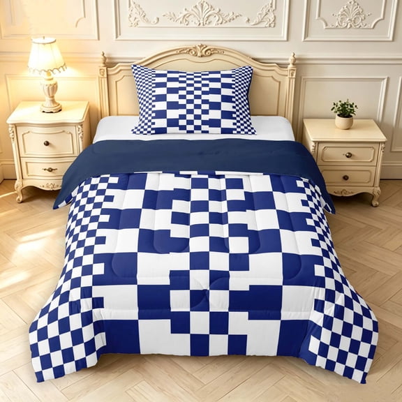 Manfei Modern Checkered Twin Comforter Sets,Art Grid Bedding Set,Navy,Navy Blue Reversible,2pcs,1 Comforter and 1 Pillowcase,2pcs,1 Comforter and 1 Pillowcase