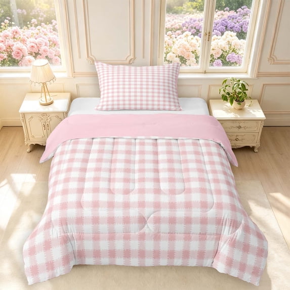 Manfei Modern Checkered Twin Comforter Sets,Geometric Check Bedding Set,Pink Red,Pink Reversible,2 Pieces,1 Comforter and 1 Pillowcase,2 Pieces,1 Comforter and 1 Pillowcase
