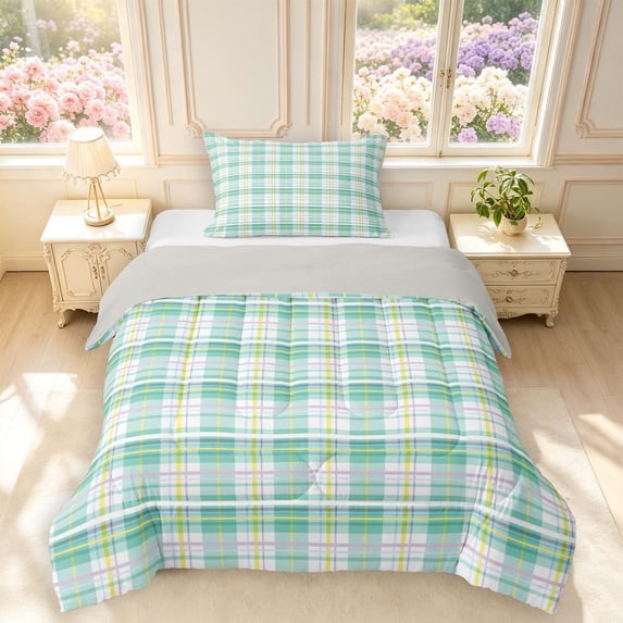 Manfei Modern Checkered Twin Comforter Sets,Geometric Plaid Bedding Set,Green White Yellow,Light Gray Reversible,2pcs,1 Comforter and 1 Pillowcase,2pcs,1 Comforter and 1 Pillowcase