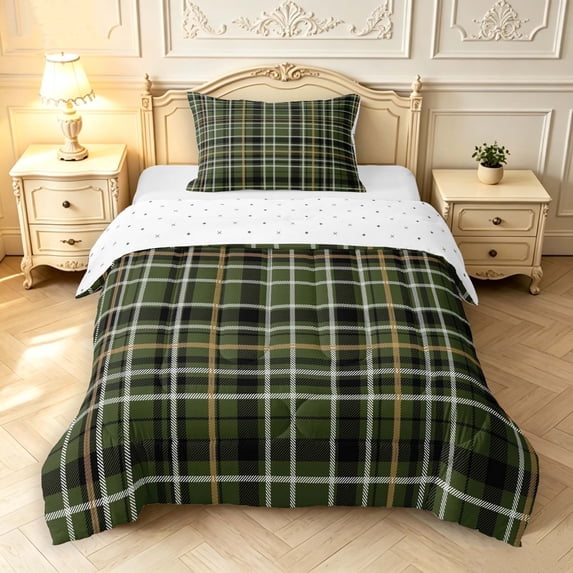 Manfei Modern Checkered Twin Comforter Sets,Minimalist Check Bedding Set,Green Black,Reversible,2 Pieces,1 Comforter and 1 Pillowcase,2 Pieces,1 Comforter and 1 Pillowcase