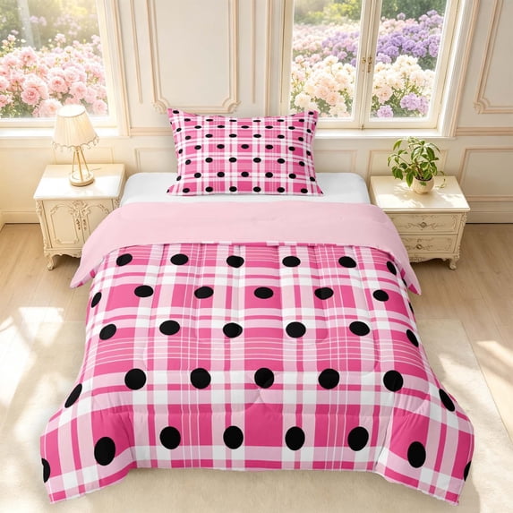 Manfei Modern Checkered Twin Comforter Sets,Minimalist Polka Dot Bedding Set,Pink White,Pink Reversible,2pcs,1 Comforter and 1 Pillowcase,2pcs,1 Comforter and 1 Pillowcase