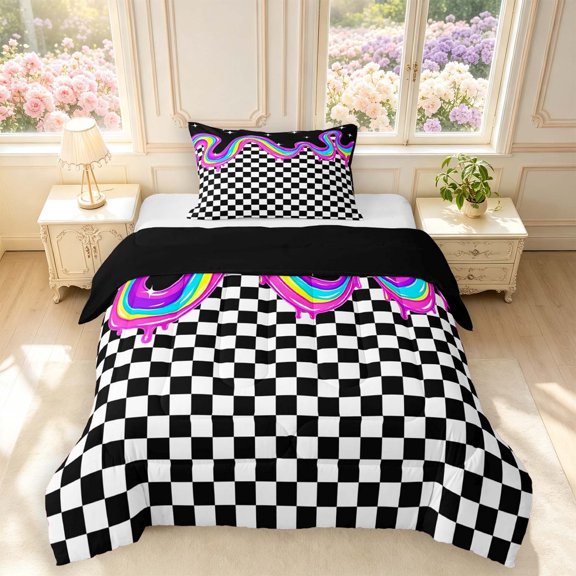 Manfei Modern Checkered Twin Comforter Sets,Rainbow Drip Bedding Set,Black Pink Blue,Black Reversible,2 Pieces,1 Comforter and 1 Pillowcase