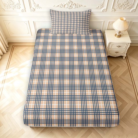 Manfei Modern Checkered Twin Fitted Sheet,Geometric Check Bedding,Beige Blue,2 Pieces,1 Fitted Sheet and 1 Pillowcase
