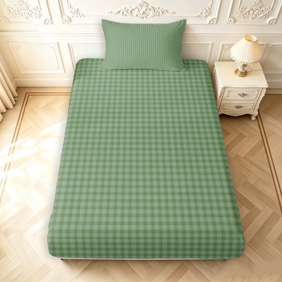 Manfei Modern Checkered Twin Fitted Sheet,Geometric Check Bedding,Olive,2-Piece,1 Fitted Sheet and 1 Pillowcase