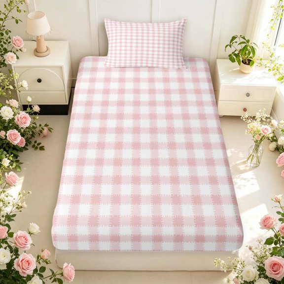 Manfei Modern Checkered Twin Fitted Sheet,Geometric Check Bedding,Pink Red,2 Pieces,1 Fitted Sheet and 1 Pillowcase