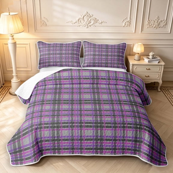 Manfei Modern Checkered Twin Quilt Set,Geometric Check Twin Coverlet Set,Purple Pink,2-Piece,1 Bedspread and 1 Pillowcase