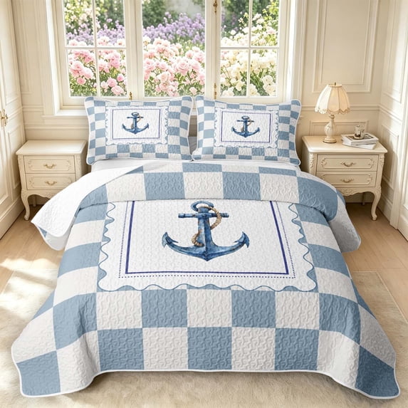 Manfei Modern Checkered Twin Quilt Set,Nautical Anchor Twin Coverlet Set,Navy White,2-Piece,1 Bedspread and 1 Pillowcase