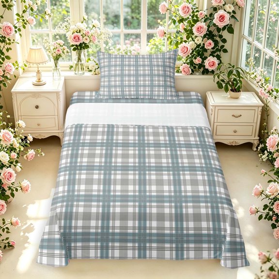Manfei Modern Checkered Twin Sheets,Geometric Check Bedding,3pcs,1 Flat Sheet,1 Fitted Sheet and 1 Pillowcase