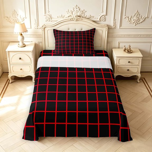 Manfei Modern Checkered Twin Sheets,Geometric Check Bedding,Black Red,3 Pieces,1 Flat Sheet,1 Fitted Sheet and 1 Pillowcase