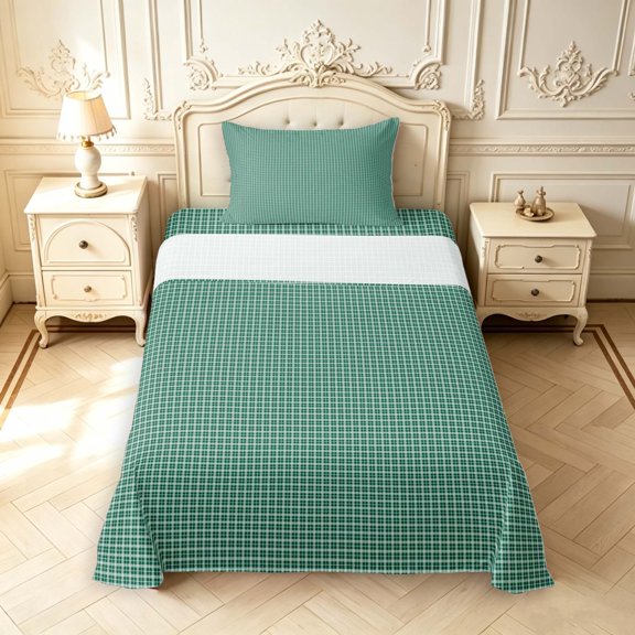 Manfei Modern Checkered Twin Sheets,Geometric Check Bedding,Dark Green,3-Piece,1 Flat Sheet,1 Fitted Sheet and 1 Pillowcase