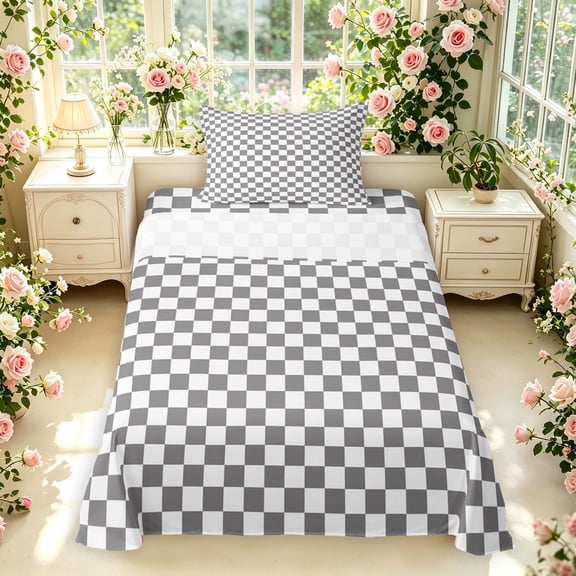 Manfei Modern Checkered Twin Sheets,Geometric Plaid Bedding,Gray White,3-Piece,1 Flat Sheet,1 Fitted Sheet and 1 Pillowcase