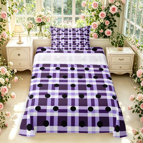 Manfei Modern Checkered Twin Sheets,Minimalist Polka Dot Bedding,Purple Black,3-Piece,1 Flat Sheet,1 Fitted Sheet and 1 Pillowcase