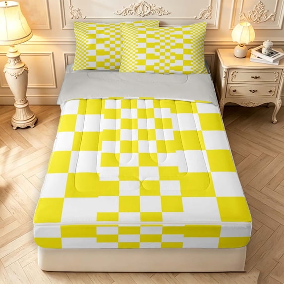 Manfei Modern Checkered Zipper Full Size Comforter Sets with Fitted Sheet and 2 Pillowcases,Art Grid Zipper Bedding Set,Yellow,Light Gray Reversible,4pcs