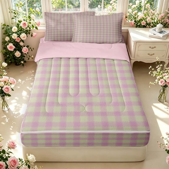 Manfei Modern Checkered Zipper Full Size Comforter Sets with Fitted Sheet and 2 Pillowcases,Geometric Check Zipper Bedding Set,Purple Yellow,Pink Reversible,4pcs