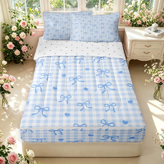 Manfei Modern Checkered Zipper Full Size Comforter Sets with Fitted Sheet and 2 Pillowcases,Cute Bow Zipper Bedding Set,Blue,Reversible,4pcs