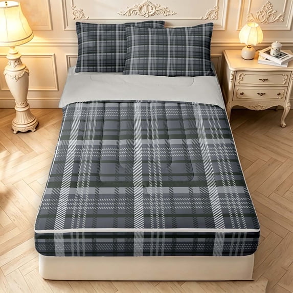 Manfei Modern Checkered Zipper Queen Comforter Set with Fitted Sheet and 2 Pillowcases,Geometric Check Art Zipper Bedding Set,Gray,Light Gray Reversible,4pcs