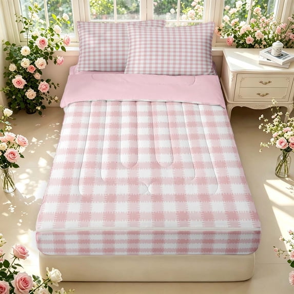 Manfei Modern Checkered Zipper Queen Comforter Set with Fitted Sheet and 2 Pillowcases,Geometric Check Zipper Bedding Set,Pink Red,Pink Reversible,4pcs