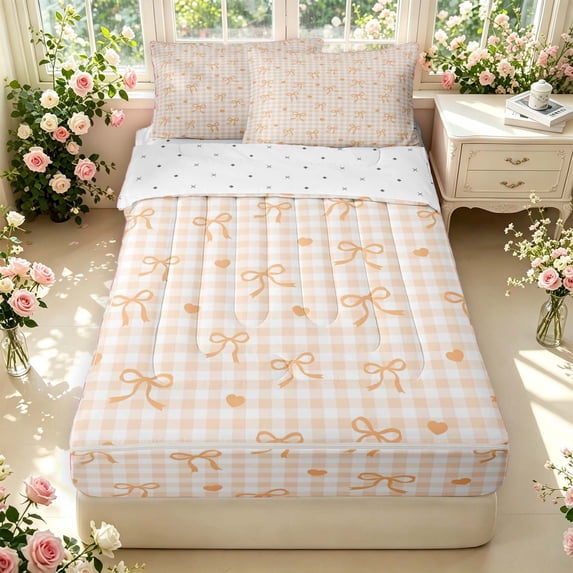 Manfei Modern Checkered Zipper Queen Comforter Set with Fitted Sheet and 2 Pillowcases,Cute Bow Zipper Bedding Set,Orange Beige,Reversible,4pcs