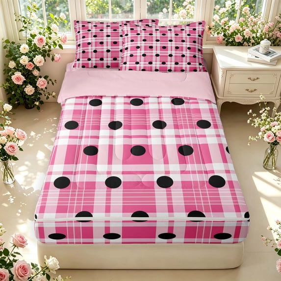 Manfei Modern Checkered Zipper Twin Comforter Sets with Fitted Sheet and 2 Pillowcases,Minimalist Polka Dot Zipper Bedding Set,Pink White,Pink Reversible,4pcs