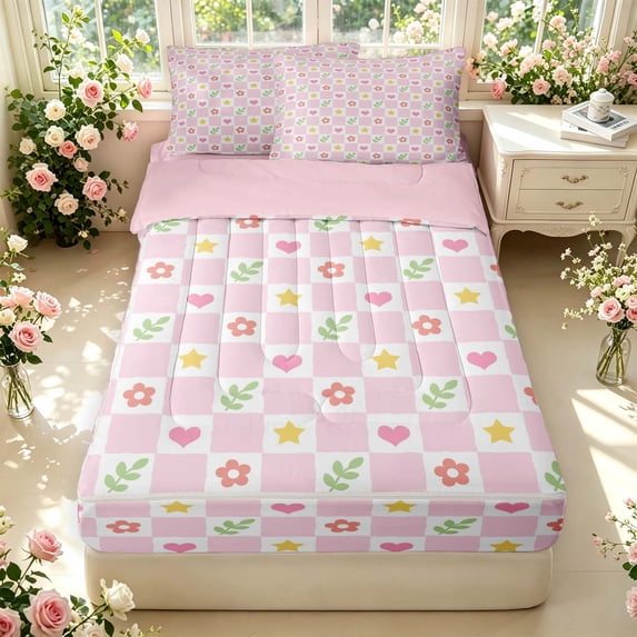 Manfei Modern Checkered Zipper Twin Comforter Sets with Fitted Sheet and 2 Pillowcases,Romantic Flowers Zipper Bedding Set,Pink White,Pink Reversible,4pcs