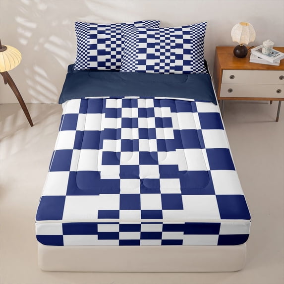 Manfei Modern Checkered Zipper Twin Comforter Sets with Fitted Sheet and 2 Pillowcases,Art Grid Zipper Bedding Set,Navy,Navy Blue Reversible,4pcs