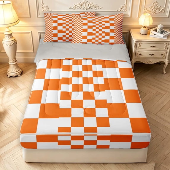 Manfei Modern Checkered Zipper Twin Comforter Sets with Fitted Sheet and 2 Pillowcases,Art Grid Zipper Bedding Set,Orange,Light Gray Reversible,4pcs