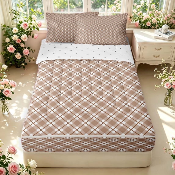 Manfei Modern Checkered Zipper Twin Comforter Sets with Fitted Sheet and 2 Pillowcases,Geometric Check Zipper Bedding Set,Brown White,Reversible,4pcs