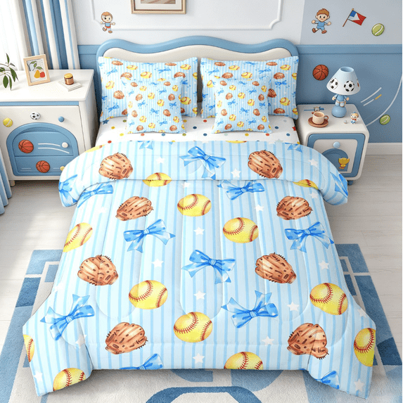 Manfei Modern Chic Bowtie 7pcs Queen Bedding,Softball Ball Sport Bedding Comforter Set Queen,Polkadot Reversible