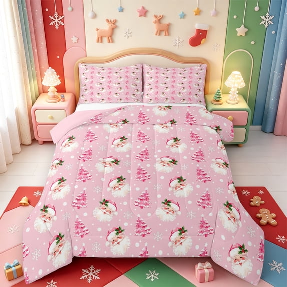 Manfei Modern Christmas Snowflake King Size Comforter Sets,Winter Holiday Comforters King Size,Pink Reversible,3-Piece,1 Comforter and 2 Pillowcases