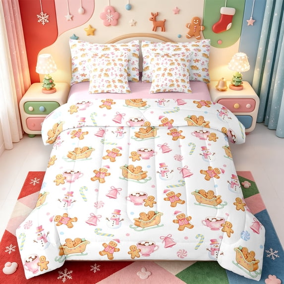 Manfei Modern Christmas Tree 7-Piece Twin Bedding,Western Xmas Festive Bedding Comforter Set,Pink Reversible