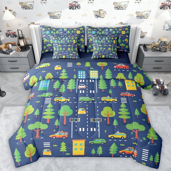 Manfei Modern City Road 7pcs Bedding Comforter Set,Rustic Plant Tree Queen Bedding Sets,Green Deepblue Queen Sheet Sets For Boys Kids,Ultra Soft Home Decor Reversible