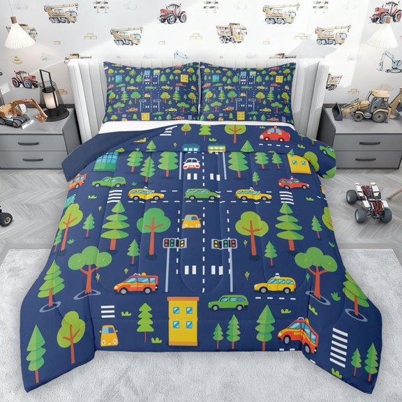 Manfei Modern City Road Queen Comforter Set,Rustic Plant Tree Bedding Sets,Green Deepblue Bedding Comforter Set For Boys Kids,Ultra Soft Home Decor Reversible,3pcs