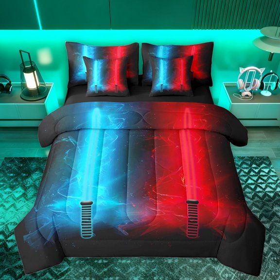Manfei Modern Cool Gradient Light 7-Piece Bedding Comforter Set,Cartoon Light Sword King Bedding Sets,Neon Red Blue Bed Sheets For Boys Kids,Breathable Home Decor Reversible