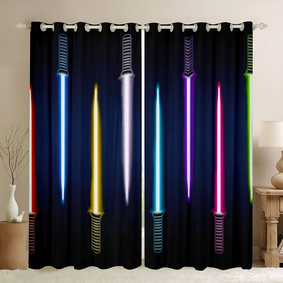 Manfei Modern Cool Lightsaber Black Out Curtains,Cartoon Light Sword Curtains Pack of 2 (42x63 Each),Multicolor Neon Bedroom Curtains For Boys Kids,Breathable Home Decor