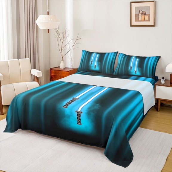 Manfei Modern Cool Gradient Light Full Size Sheets,Cartoon Light Sword Bed Sheets,Neon Cyan Stripe Sheet Sets For Boys Kids,Breathable Home Decor,4-Piece
