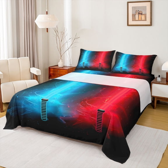 Manfei Modern Cool Gradient Light Queen Sheet Sets,Cartoon Light Sword Flat Sheet,Neon Red Blue Queen Fitted Sheet For Boys Kids,Breathable Home Decor,4-Piece