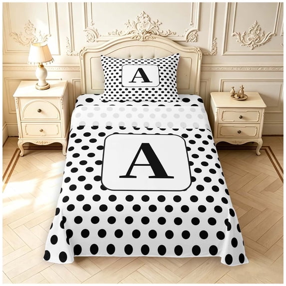 Manfei Modern Dot Monogram A Twin Sheets,Minimalist Artwork Bedding,White Black,3 Pieces,1 Flat Sheet,1 Fitted Sheet and 1 Pillowcase