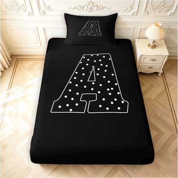 Manfei Modern Dot Monogrammed A Twin Fitted Sheet,Minimalist Artwork Bedding,Black,2pcs,1 Fitted Sheet and 1 Pillowcase