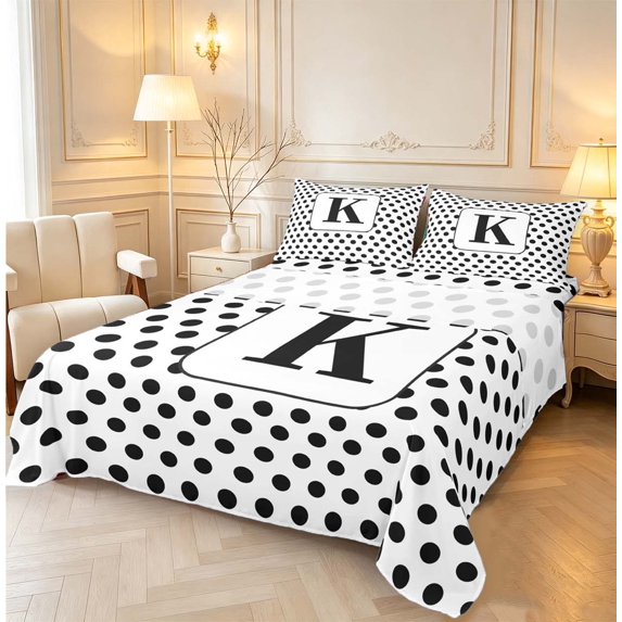Manfei Modern Dot Monogrammed K King Sheets,Aesthetic Art Bedding,White Black,4pcs,1 Flat Sheet,1 Fitted Sheet and 2 Pillowcases