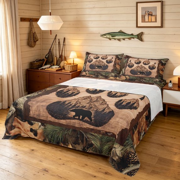 Manfei Modern Farmhouse Bear Paw King Sheets, Cottage Branchces Bedding, Dark Brown, 4 Pieces, 1 Flat Sheet, 1 Fitted Sheet and 2 Pillowcases
