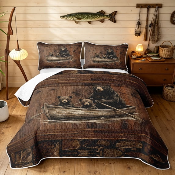 Manfei Modern Farmhouse Bear Quilt Full, Rustic Wooden Cabin Full Bedspread Sets, Brown, Black Reversible, 3-Piece, 1 Coverlet and 2 Pillowcases