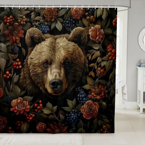Manfei Modern Farmhouse Bear Shower Curtain 72Wx78L, Western Flower Bath Curtain, Dark Brown