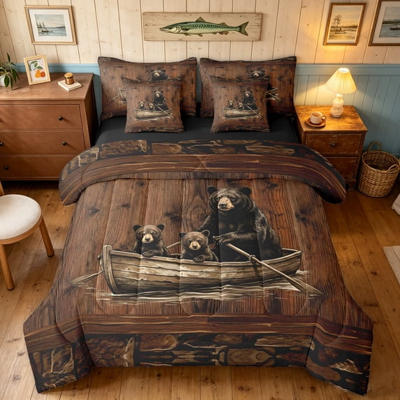 Manfei Modern Farmhouse Bear Twin Bedding, Rustic Wooden Cabin Bedding Comforter Set, Brown, Black Reversible, 7-Piece