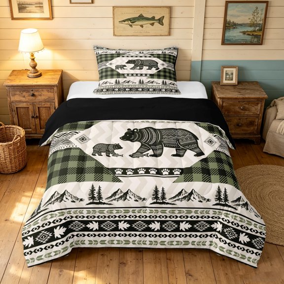 Manfei Modern Farmhouse Bear Twin Comforter Sets, Vintage Aztec Grid Bedding Set, Tan Green, Black Reversible, 2-Piece, 1 Comforter and 1 Pillowcase