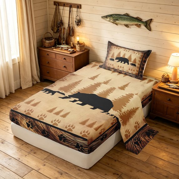 Manfei Modern Farmhouse Bear Twin Sheets, Cottage Cabin Bedding, Tan Orange, 3 Pieces, 1 Flat Sheet, 1 Fitted Sheet and 1 Pillowcase