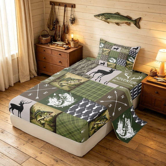 Manfei Modern Farmhouse Elk Twin Sheets, Retro Country Fishing Bedding, Green Brown, 3-Piece, 1 Flat Sheet, 1 Fitted Sheet and 1 Pillowcase