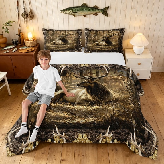 Manfei Modern Farmhouse Moose King Size Comforter Sets, Folk Animal Comforters King Size, Brown, Black Reversible, 3pcs, 1 Comforter and 2 Pillowcases